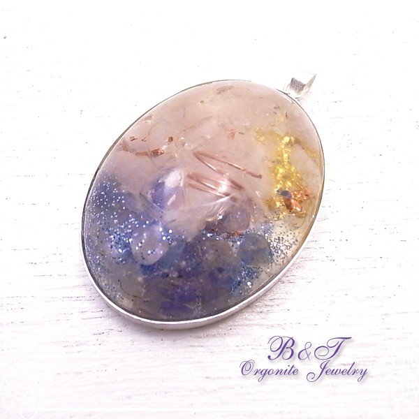 オルゴナイトジュエリー オーバル 水晶 タンザナイト ローズクォーツ シルバーペンダント /B&T オルゴナイトジュエリー
