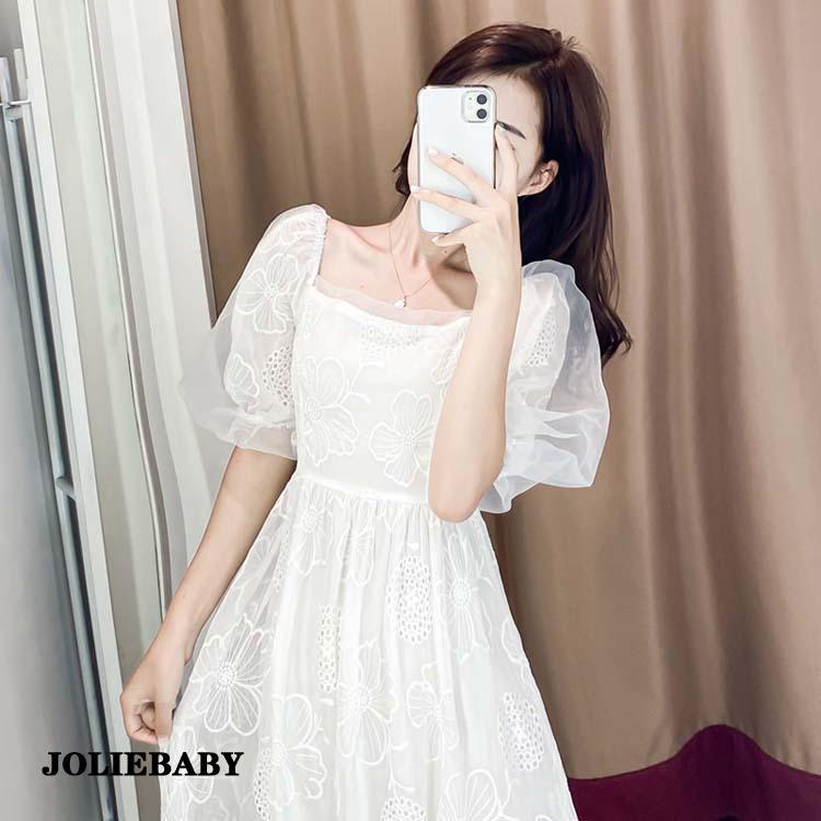 白ワンピース パフスリーブ 半袖【S5XL】オーガンジー ロング 裏地あり 夏春 レディース マキシワンピース ミディアム丈 二次会ドレス 白 ワンピース シンプル