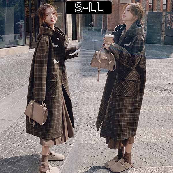 ダッフルコート ロングコート グレンチェック コート 超ロング ドロップショルダー フードあり 暖かい おしゃれ 体型カバー 中綿コート 韓国 暖かい おしゃれ かわいい エレガント