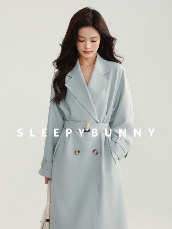 スリーピーラビットブルーダブルブレストトレンチコートレディース春秋カジュアルゆったり英国風ミドル丈コート 6,208円