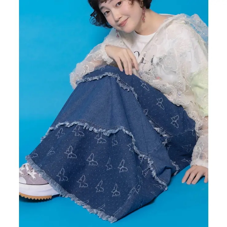 蝶刺繍or配色 スパイラル切替フリンジデニムスカート