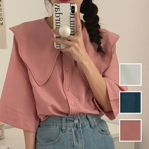 ブラウス シャツ 韓国 ファッション レディース 春 夏 カジュアル コーデ シンプル 定番 セレカジ 20代 30代 40代 2025 シアー ビッグカラー 七分袖 オーバーサイズ