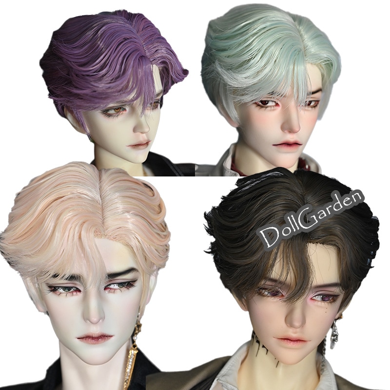 BJDドール用ウィッグ カールショート スタイル パーマ 黒色/ゴールドピンク/ミントグリーン/青木亜麻灰/パープル SD/小顔SDサイズ球体関節人形用 高温糸