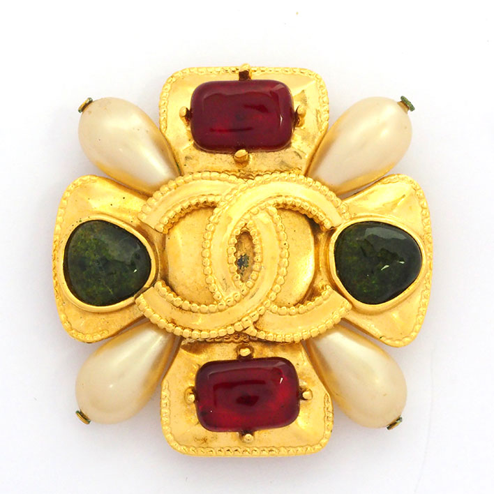 【美品】シャネル グリポア バロックパール グリーン レッド ココマーク ガラス フェイクパール【ブローチ】