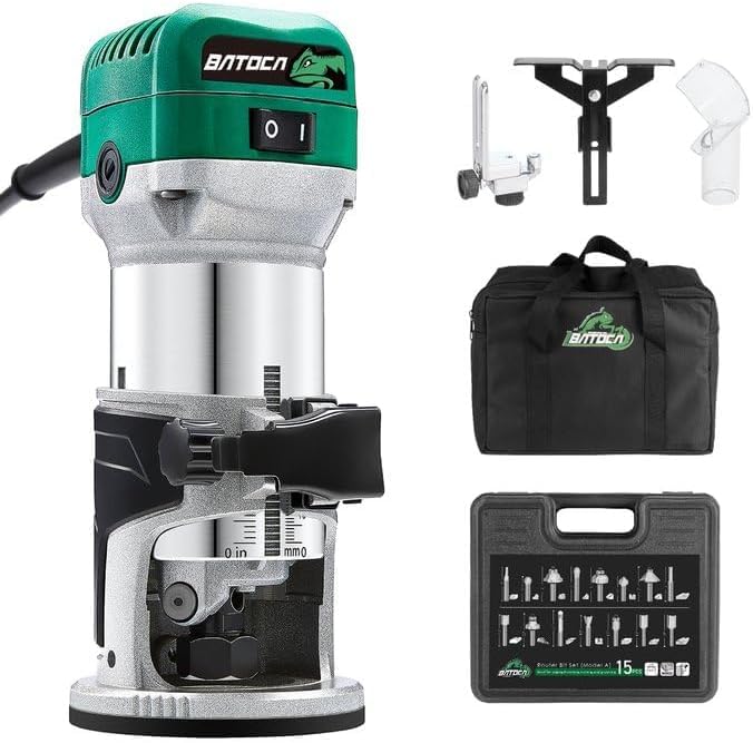 BATOCA 電動トリマー 木工用 自動カンナ チャック孔径6mm/8mm 電動工具 6段階変速10000-30000RPM 穴あけ 切断 彫刻 研磨 木材溝切り用 15組6.35mmトリマー ビット