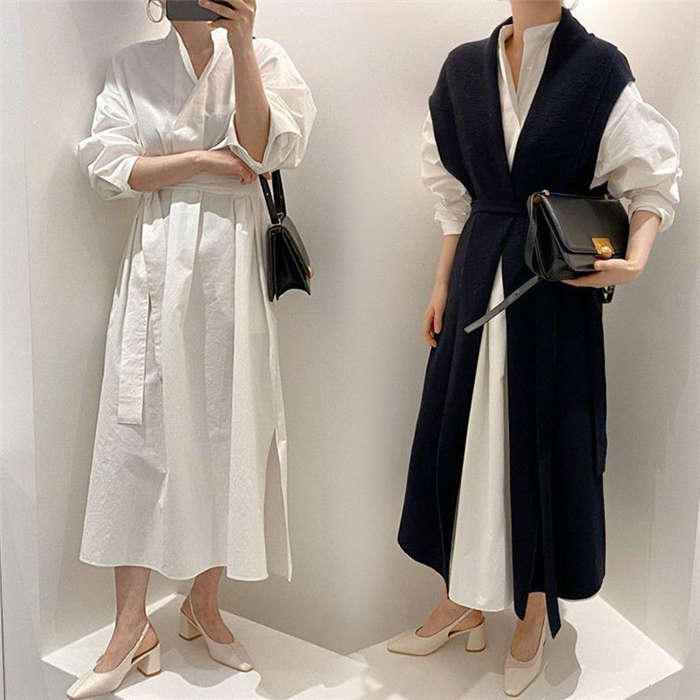 【ワンピース×ベストの2点セットアップ】ワンピース レディース 40代 秋冬 長袖 シャツワンピース ロング丈 ニットベスト セットアップ 2点セット オシャレワンピース 着痩せ 上品 通勤 カジュア