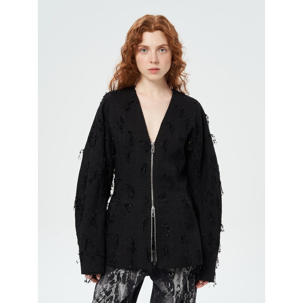 GANNI フリンジ付きツイードカーブスリーブブレザー-ブラック QN5111R035