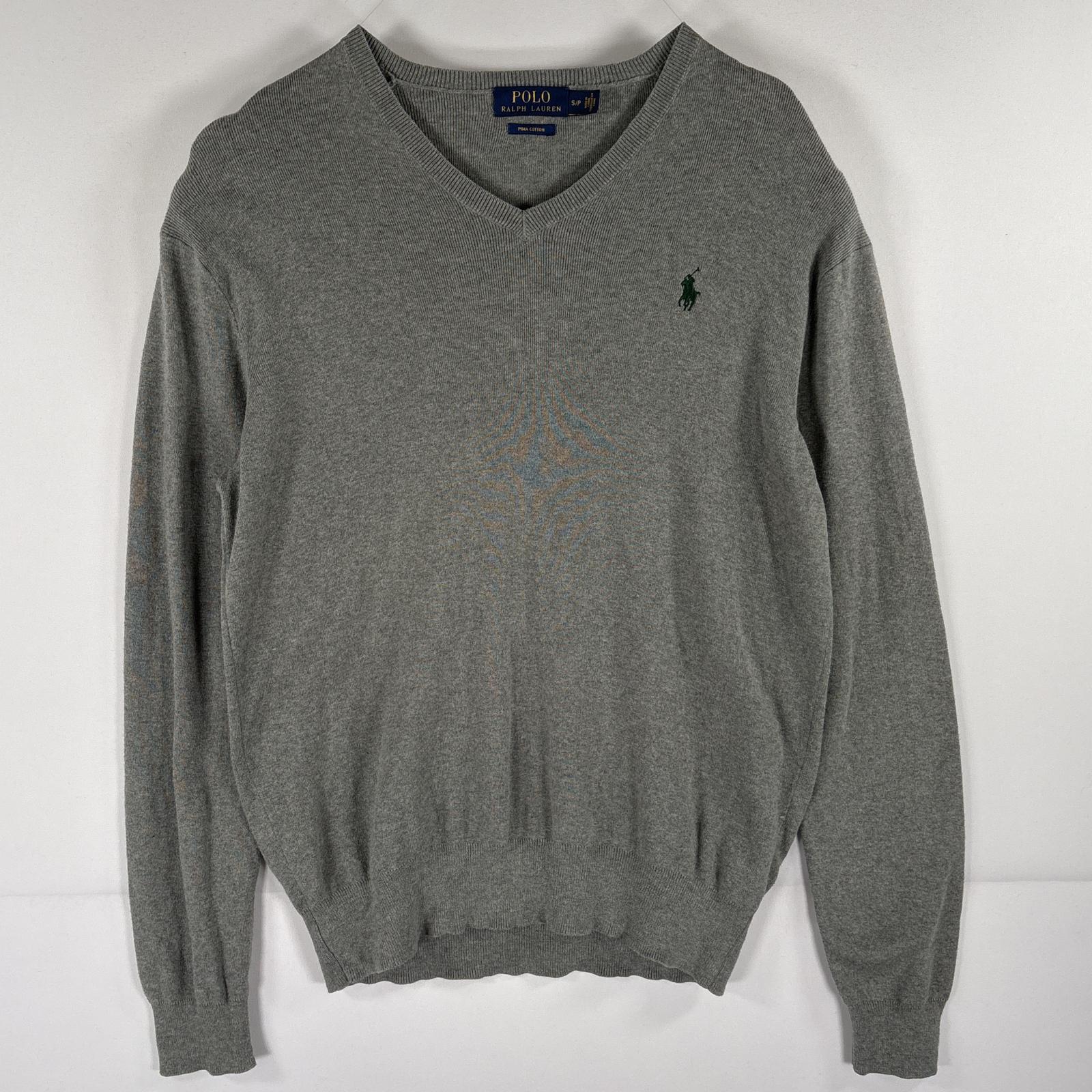 古着 コットンニットセーター Vネック ワンポイントロゴ刺繍 薄手 S グレー メンズ