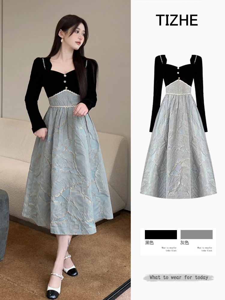 大きいサイズ フレンチ レトロ ロマンチック スクエア ネック ドレス 春 レディース ファット シスター ウエスト痩身 Aライン ベルベット ロング ドレス