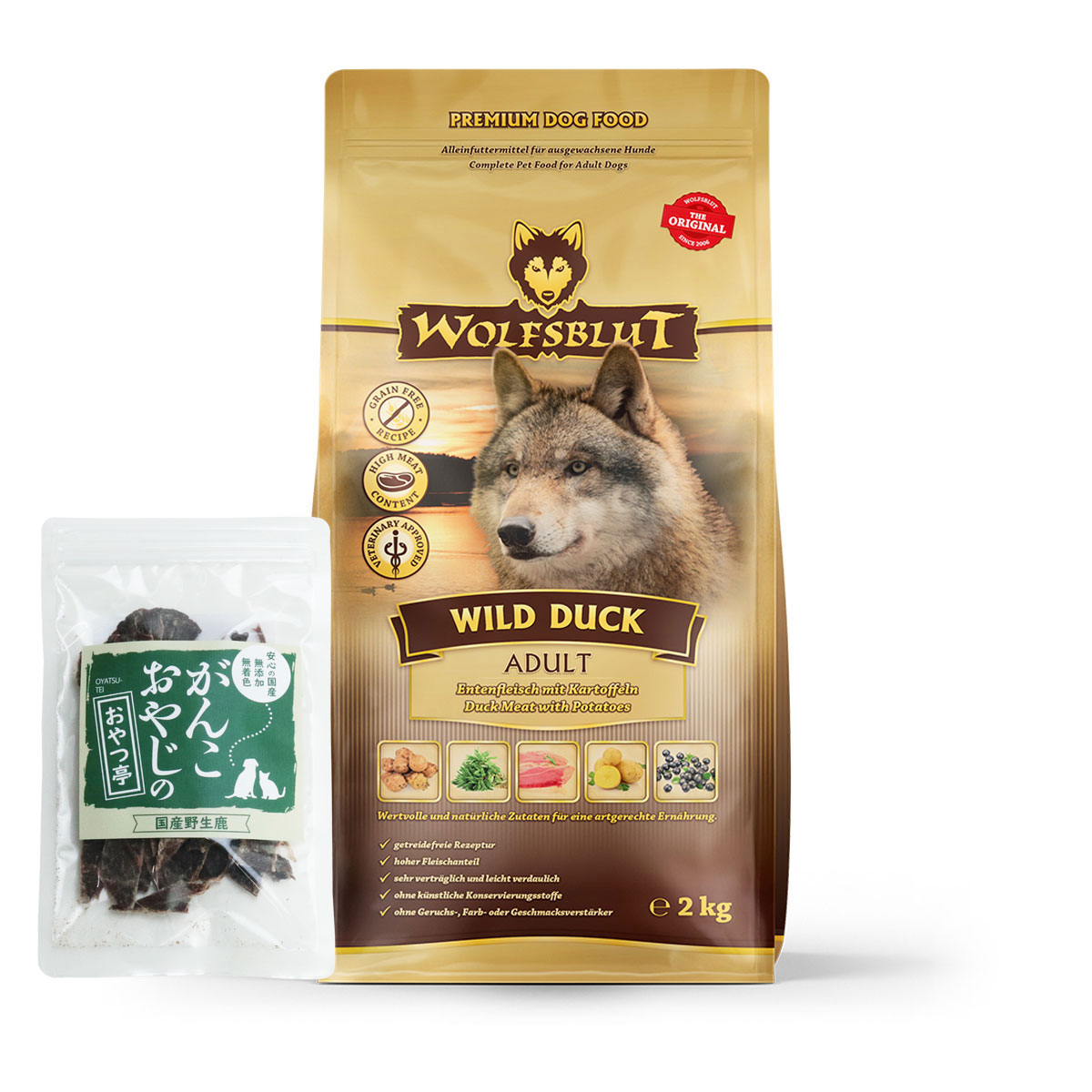 ウルフブラット アダルト ワイルド ダック（ダックとポテト） 2kg 【国産鹿肉ジャーキー(お試しサイズ)】