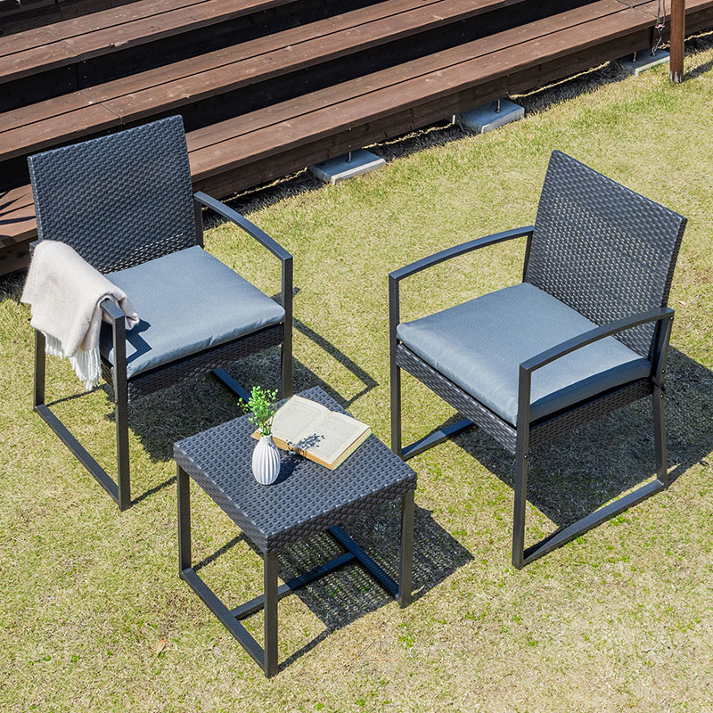 ガーデンセット ガーデンファニチャー 3点セット ラタン調 スチール ブラック ブラウン ガーデン ベランダ バルコニー 椅子 チェア おしゃれ カフェ風 ホテル