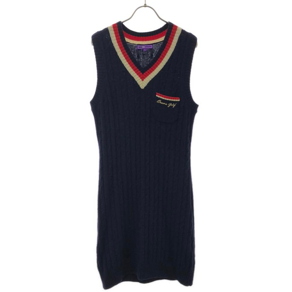 ゴルフ ノースリーブ Vネックニット ワンピース L ネイビー レディース