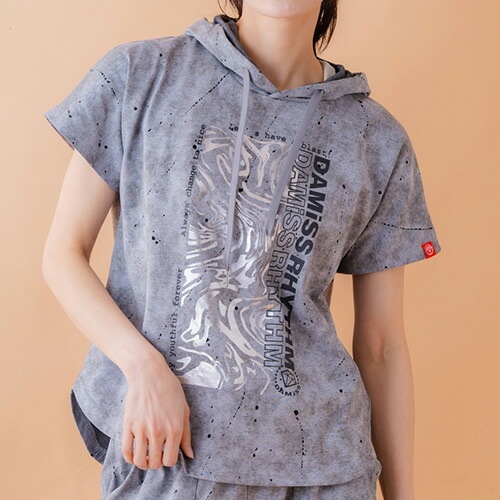 ダメージフードTシャツ 半袖 フィットネス ウィメンズ 1534-1461-GRY