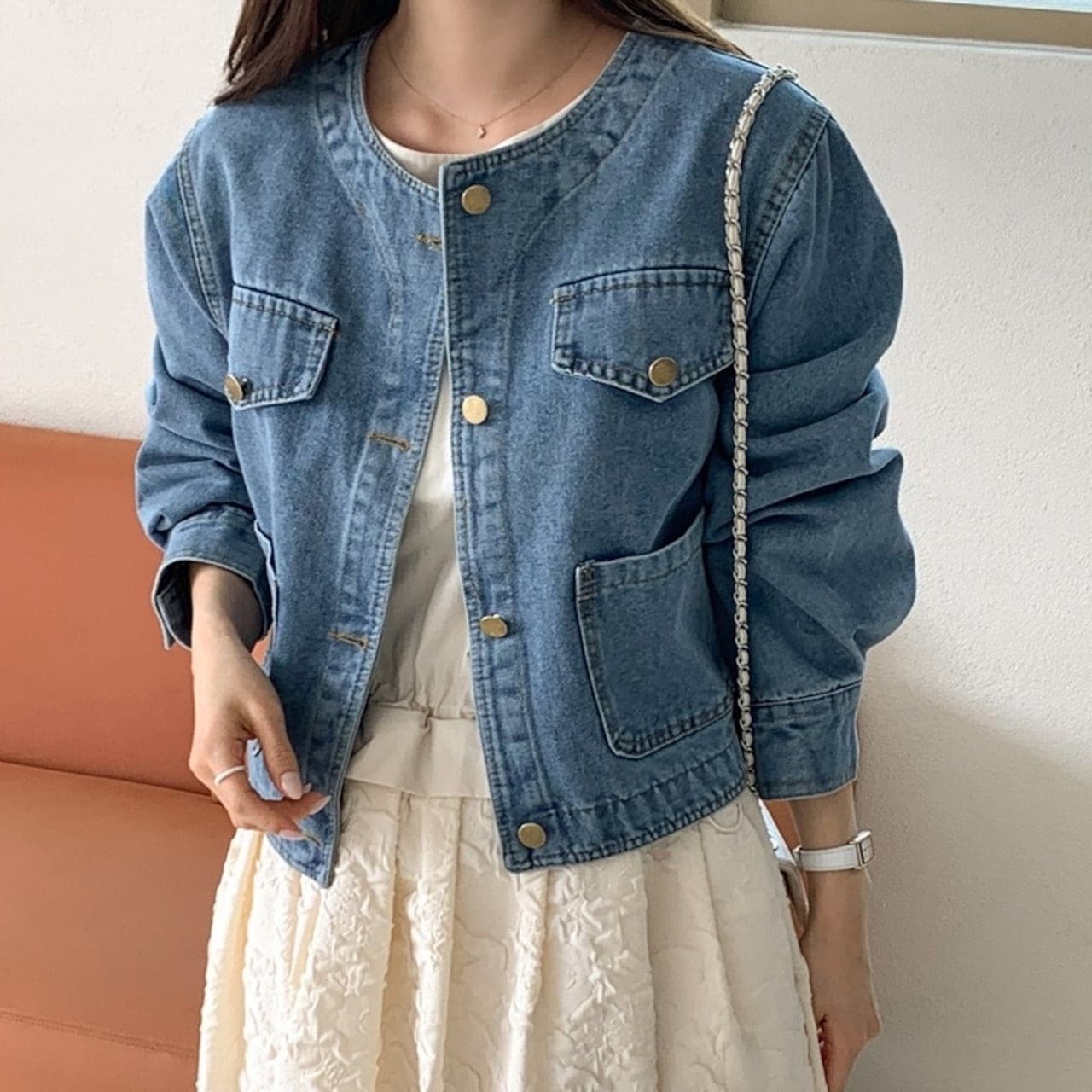 [秋冬新作登場]かわいい おしゃれ ラウンドネック 長袖 デニムジャケット 冬 アウター ジャケット 秋 レディースファッション
