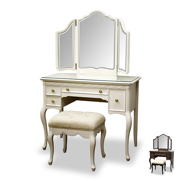 ドレッサー 三面鏡 スツール付 クラシック調 猫脚 フルール 幅90cm 開梱設置