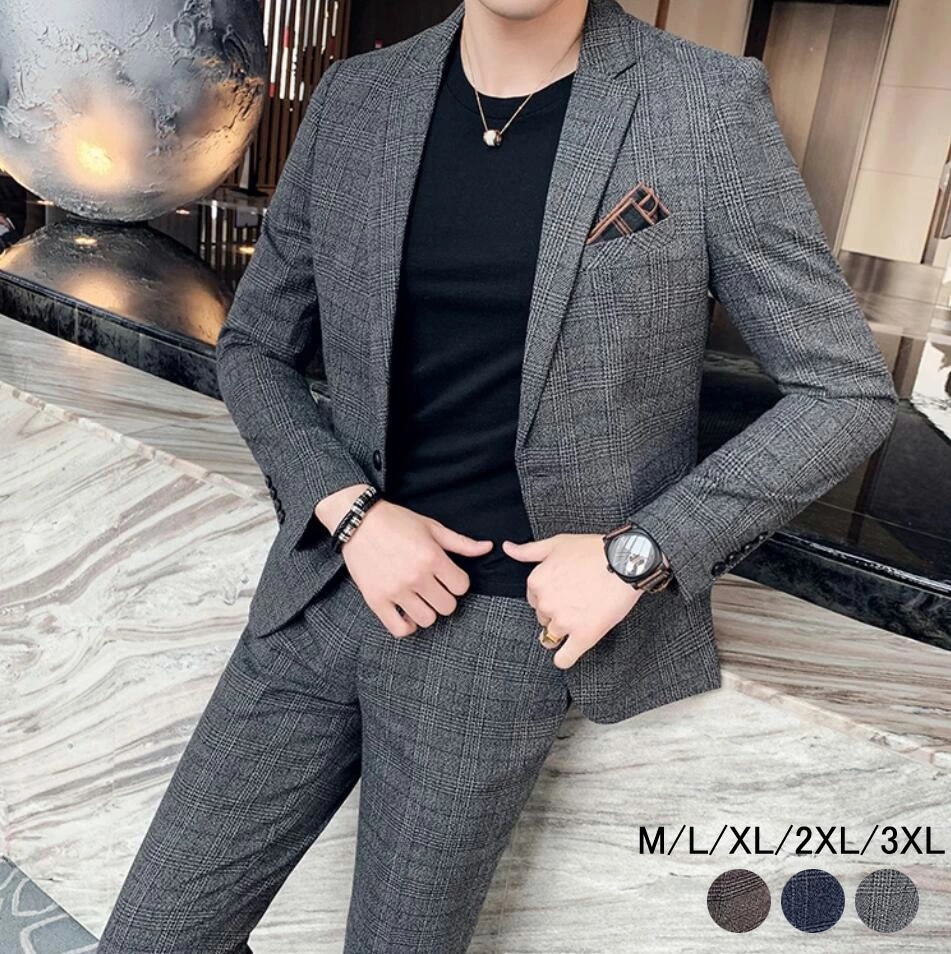 メンズスーツ ジャケット パンツ 2点セット 結婚式 パーティ 紳士服 スーツセット 細身スーツ チェック柄 韓国風 スリムスーツ カジュアル スーツ メンズ シングルスーツ ビジネススーツ セットア 5,507円
