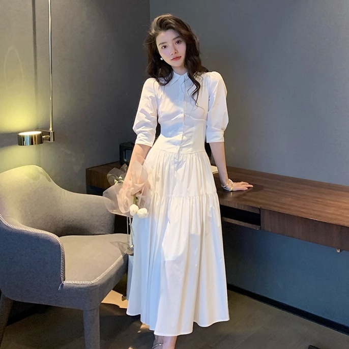 ワンピース シャツワンピース コルセットワンピ ロング ロング丈 袖あり 5分袖 五分袖 襟付き セミフレア Aライン リボン バックリボン ハイウエスト 前開き かわいい 大人可愛い きれいめ