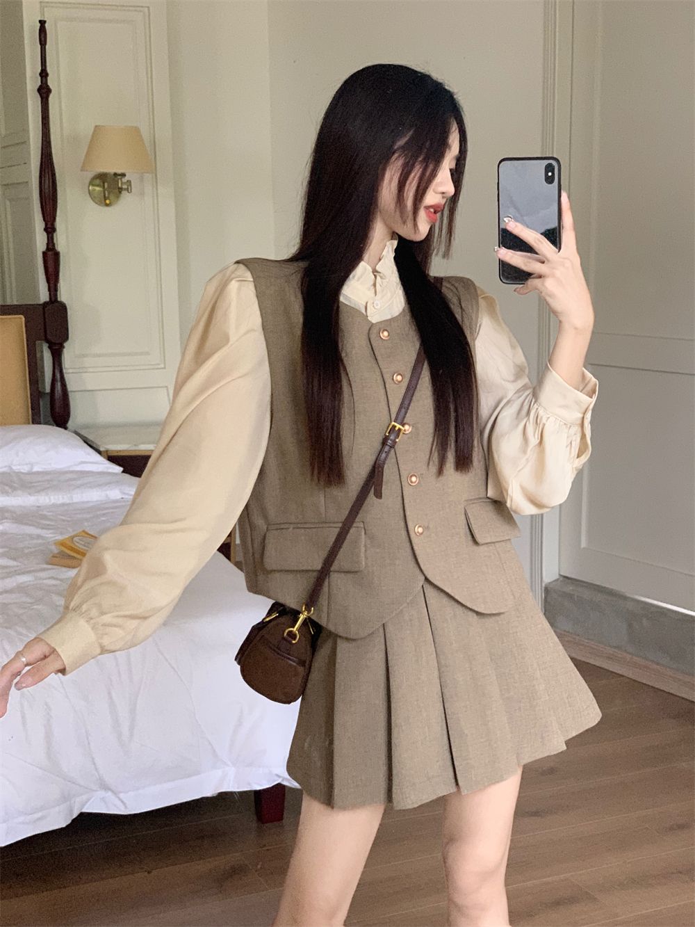 フランス デザイン感 ベスト+長袖シャツ+プリーツスカート 3点セット レディース カジュアル 上下セット おしゃれ セットアップ