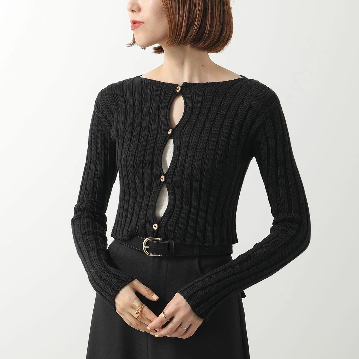 BASERANGE ベースレンジ カーディガン MACAU CARDIGAN PUMAC OC AU25 レディース リブ コットン ニット 長袖 ショート丈 BLACK