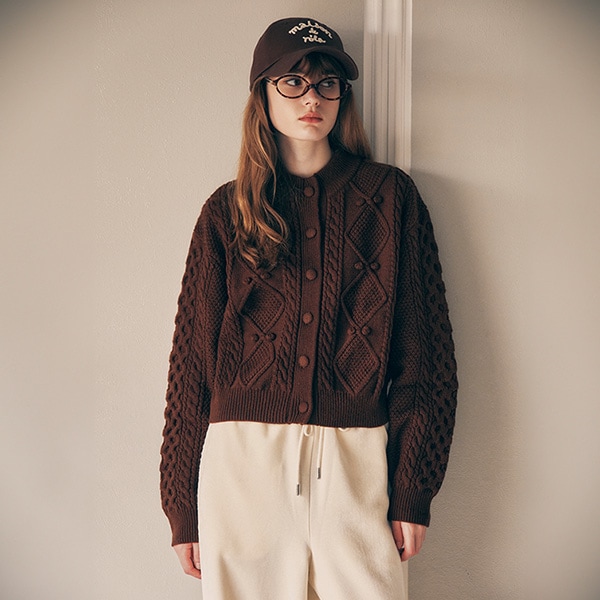 WOOL BUTTON CABLE CARDIGAN BROWN