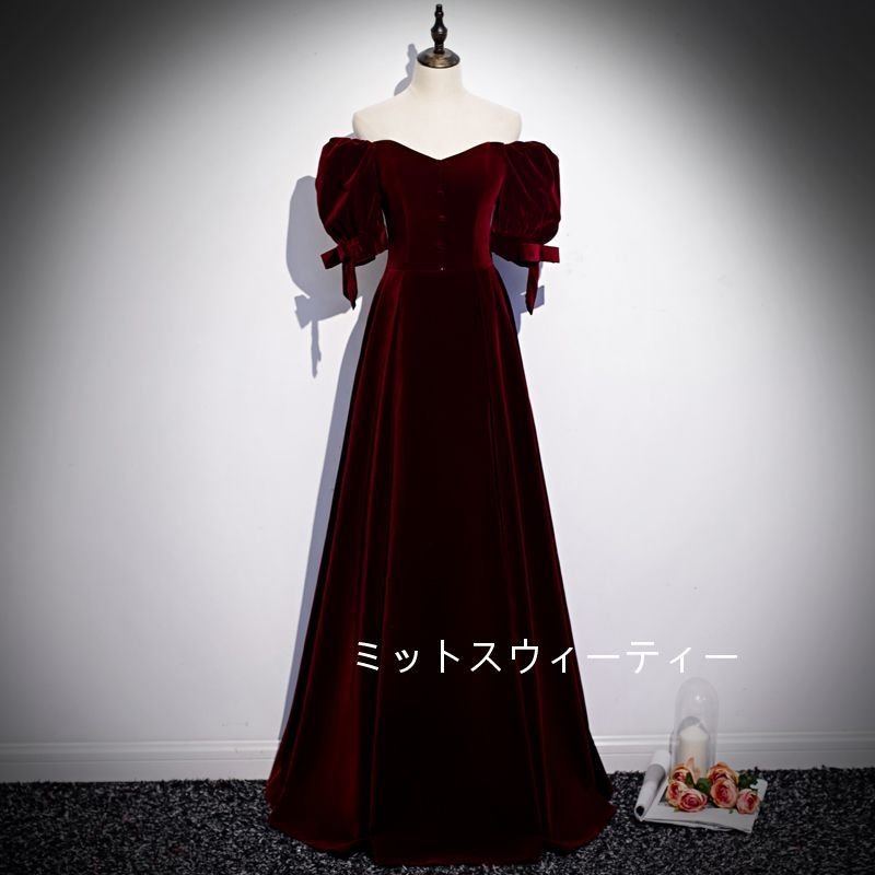 カラードレス 赤 袖付き コンサート ベルベット パーティードレス 演奏会 結婚式 aライン 二次会
