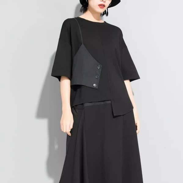 イレヘムトップス レディース トップス シャツ カットソー プルオーバー 半袖 ラウンドネック 襟なし 重ね着風 かわいい 大人可愛い きれいめ シンプル 上品 おしゃれ かっこいい こなれ感 個性的