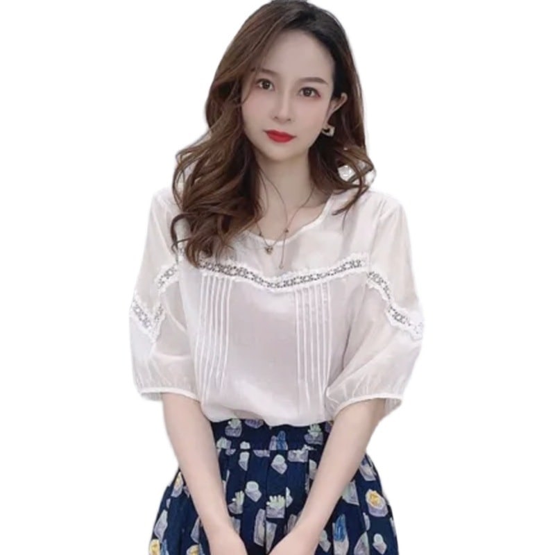 トップス デート レース ブラウス 袖あり 半袖 5分袖 パフスリーブ フレアスリーブ 萌袖 ラウンドネック 襟なし 裾イン レース チュール シフォン ふわふわ 透け感 シースルー ニット 薄手