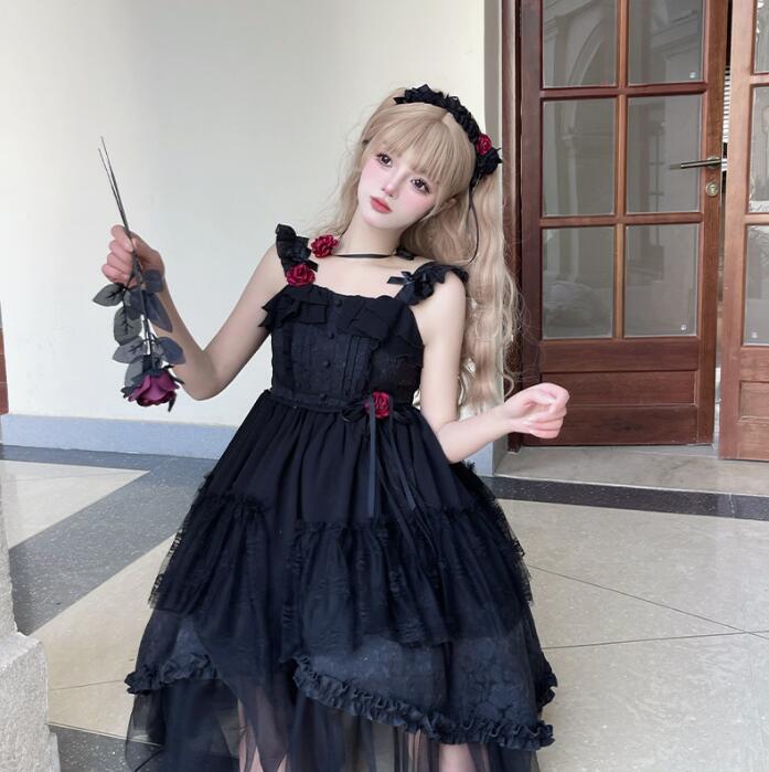 ゴスロリ ドレス 膝丈 キャミソール 暗黒風 ゴシック ロリータドレス バラ花 Lolita レディース ハロウィン コスプレ衣装 イレギュラー裾 学園祭 文化祭 イベント コスチューム 撮影衣装