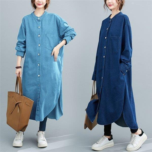 ロングワンピース レディース デニム シャツワンピース ワンピース ロングシャツ ノーカラー シャツ ゆったり 着痩せ 羽織 ライトアウター