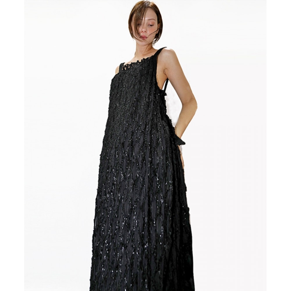DAMAGE MNEMONIC しわパールナシブラックドレス_ Pleats Pearl BK dress 22,563円