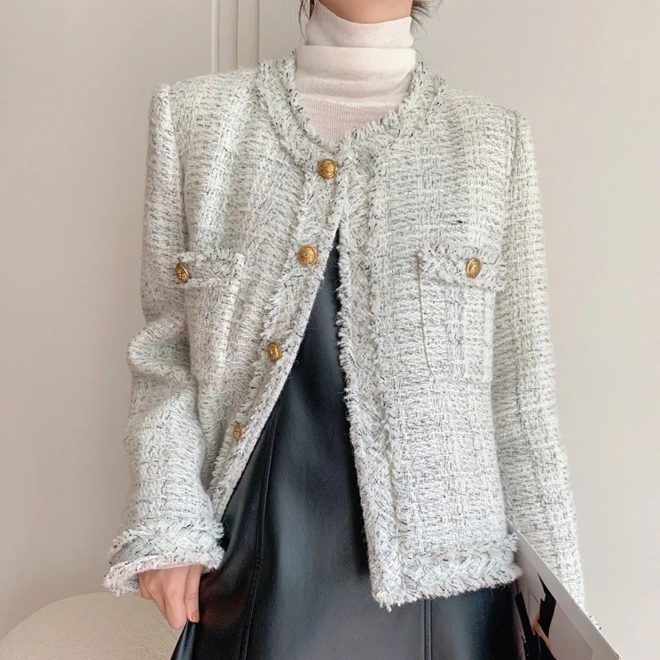 ツイードジャケット アウター ジャケット 上着 ノーカラージャケット ショート ショート丈 半端丈 長袖 ラウンドネック ノーカラー ストレート 前開き ボタン ツイード かわいい 大人可愛い