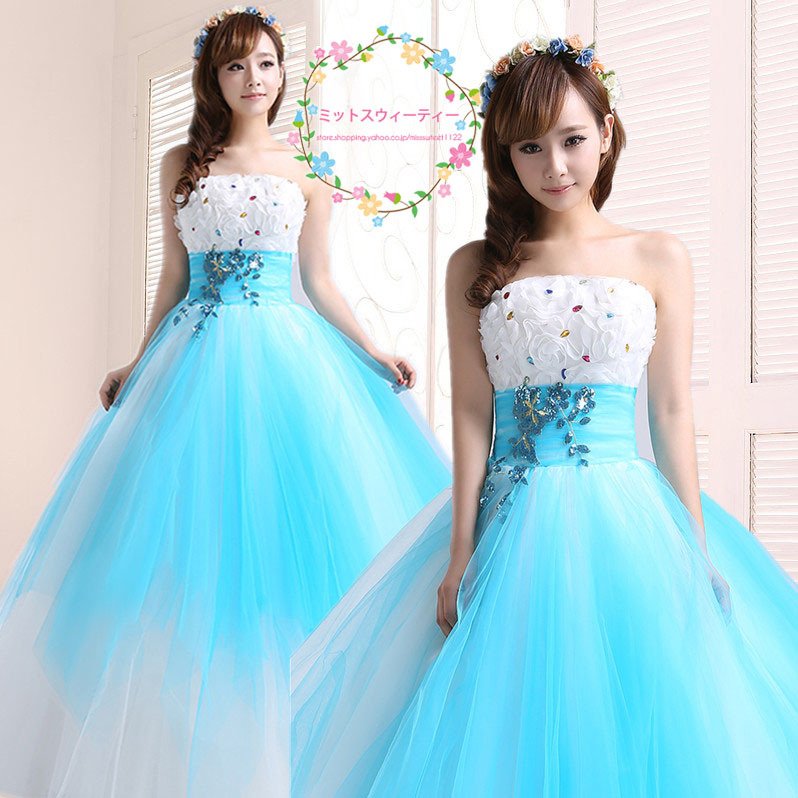 カラードレス 演奏会用ロングドレス 青 20代 30代 ウェデイングドレス カラーロングドレス コン