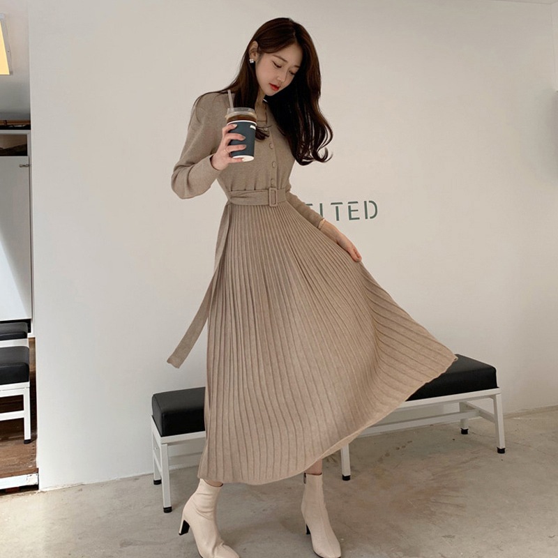 ワンピース ニットワンピース フレアワンピース ロング丈 袖あり 長袖 ドロップショルダー Vネック 襟なし フレア セミフレア プリーツ ベルト ウエストマーク ニット かわいい 大人可愛い 6,199円