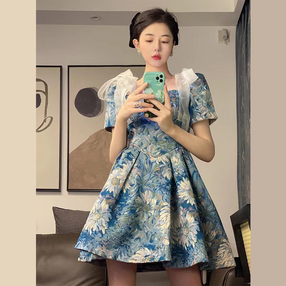 注目ブランド 愛されドッキングワンピース2022韓国ファッションワンピース優しい部花柄ワンピースシフォンのワンピー 超格安一点