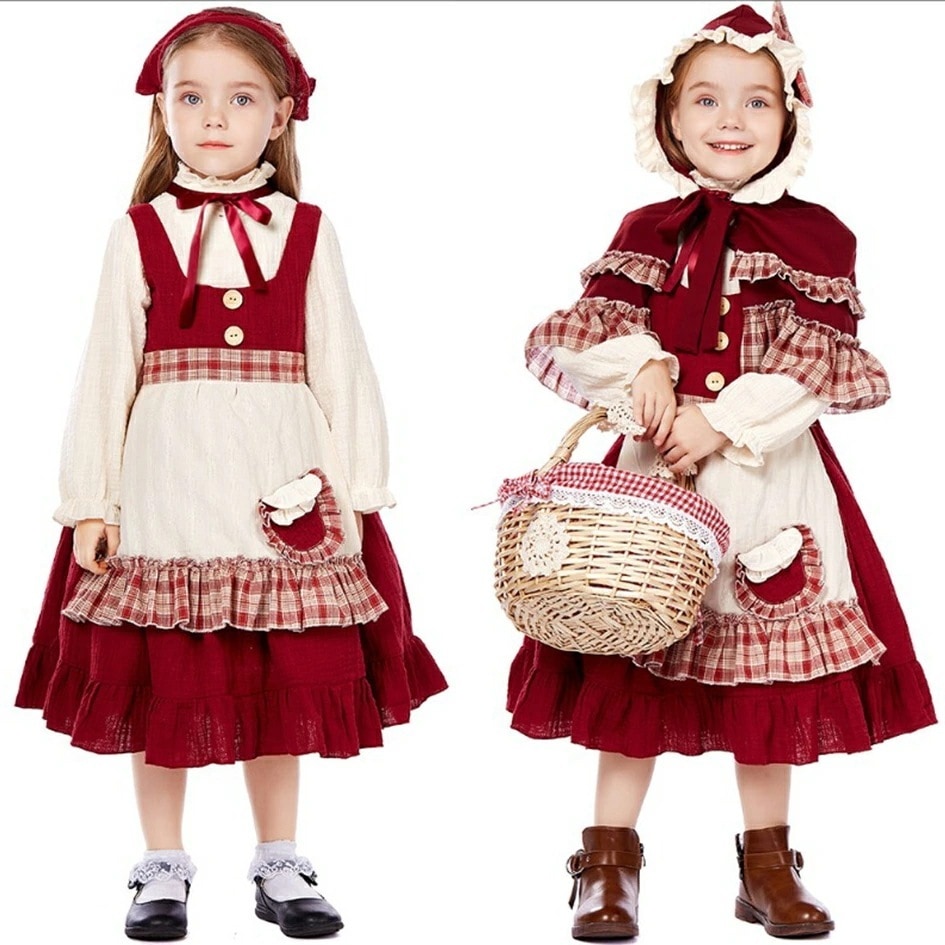 【新作登場 最安値】キッズ長袖ワンピース 子供コスチューム 子供ロリータ服 ロリータワンピース 甘ロリータ チェック柄ドレス 女の子 可愛いコスチューム 森の妖精 ゴスロリ コスプレ衣装 ハロウィン衣