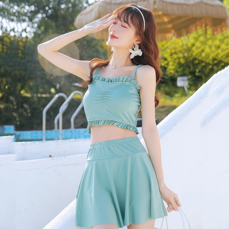 水着 ビキニ スイムウェア タンキニ 体型カバー水着 スカパン スカート コンサバ セパレート キャミソール フリル シャーリング セット 上下セット 2点セット ツーピース かわいい きれいめ