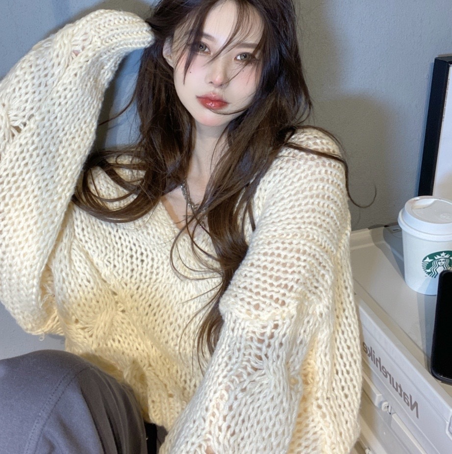 2way 透かし編み ルーズ ニット セーター アプリコット ホワイト 白 ブルー 青 水色