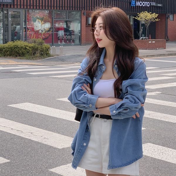 韓国ファッション カジュアル ベーシック ルーズフィット デニムシャツ シャツ