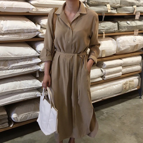 A1130.ウエストリボンシャツワンピース（ブラウン）2019 春夏 sale ドレス カジュアル エレガント お呼ばれ 結婚式 披露宴 パーティー 女子会 レストラン デート