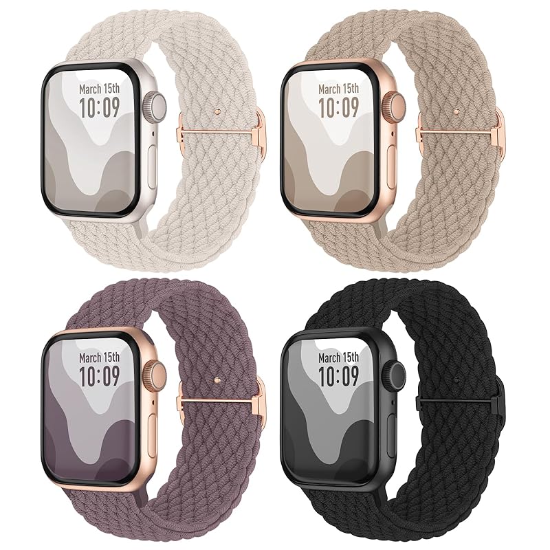 【4枚入り】Suitisbest コンパチブル アップルウォッチ バンド 41mm 40mm 38mm 編み込み Apple Watch バンド ナイロン 伸縮性 滑り止めバックル付き Series