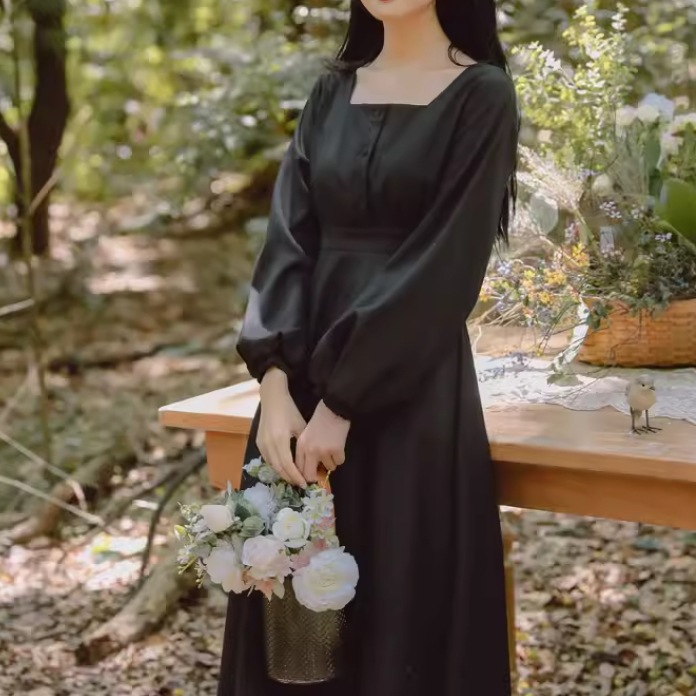 レディース スカート ワンピース プルオーバー フレアスカート ミモレ 長袖 スクエアネック 襟なし ノーカラー フレア Aライン ハイウエスト ボタン かわいい 大人可愛い きれいめ シンプル