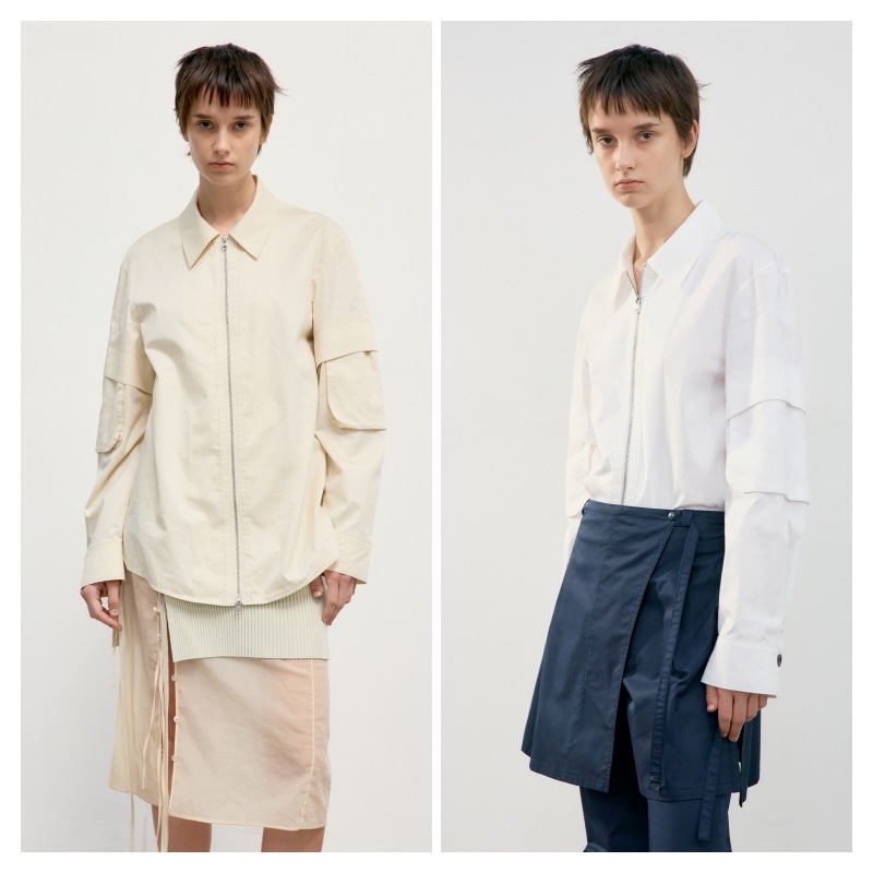 【LOW CLASSIC】 POCKET SLEEVE ZIP-UP SHIRT : 2COLORS