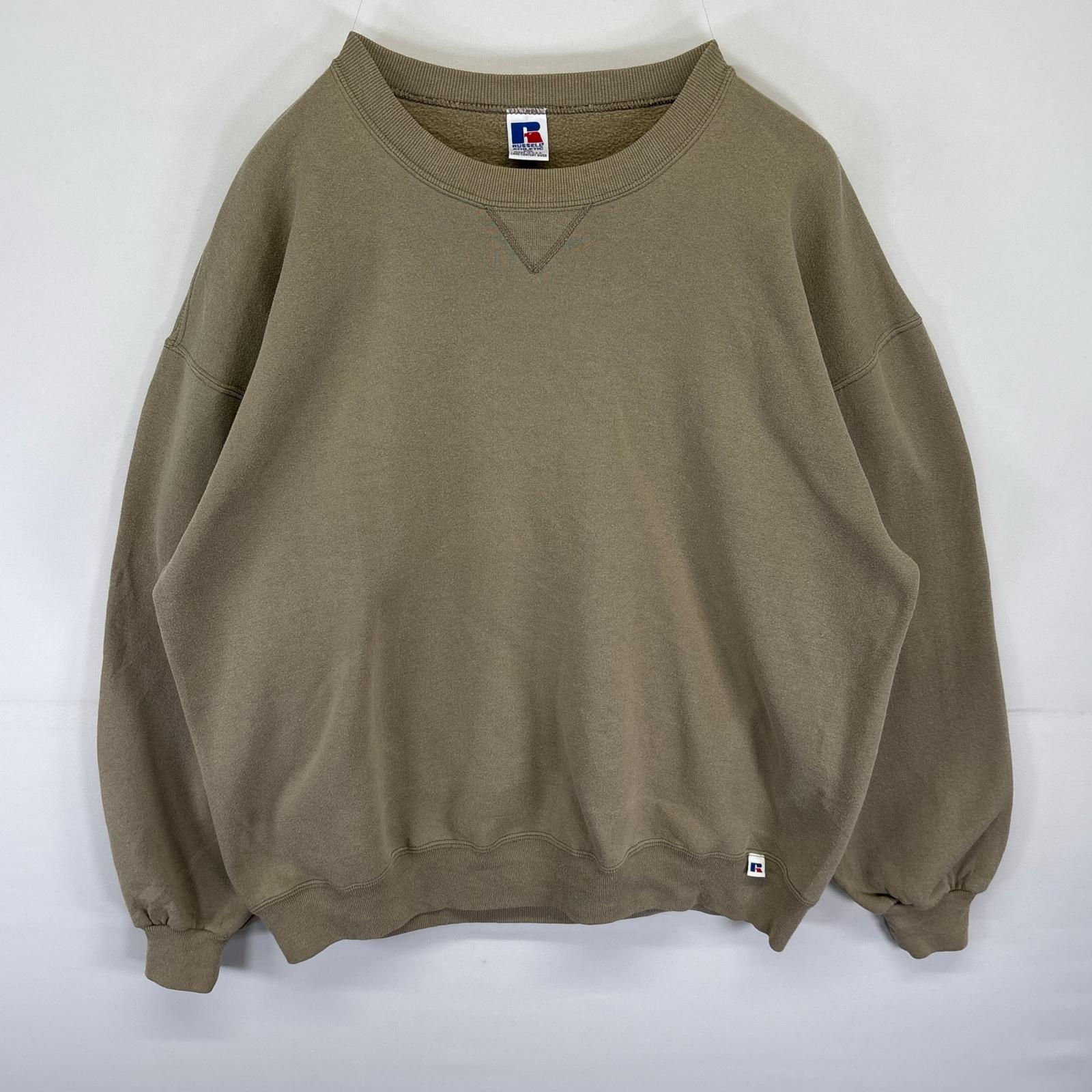 古着 90s/90年代 USA製 スウェット トレーナー 無地 前V クルーネック 大きいサイズ XXL ベージュ メンズ