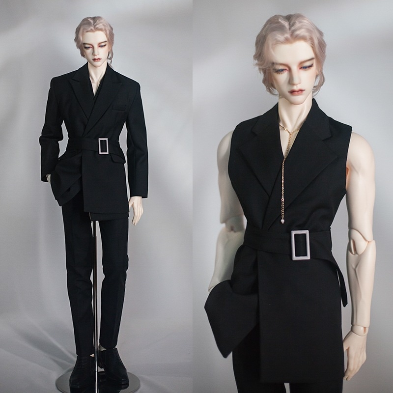 BJD ドール服 ブラック ロングスーツ ベスト ベルト SD17/70cm/ID72/ID75/80cmサイズ球体関節人形用衣装 ドールウェア