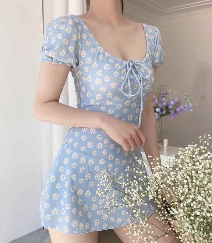 ワンピース 水着 レディース ファッション 夏 プール 海水浴 ビーチ レジャー ライトブルー スカート 半袖 カジュアル バックレス 花柄