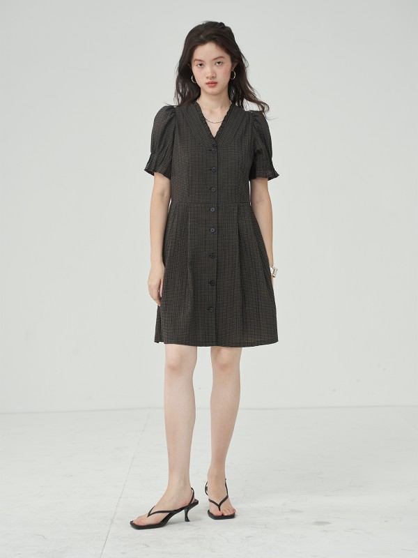 オモント エッグタルト レトロ パフスリーブ ドレス 夏 新作 Vネック ウエスト Aライン ショートスカート