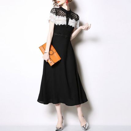 レース シフォン ワンピース リボン 女優 海外もの 可愛らしい 人気デザイン バイカラー ミモレ