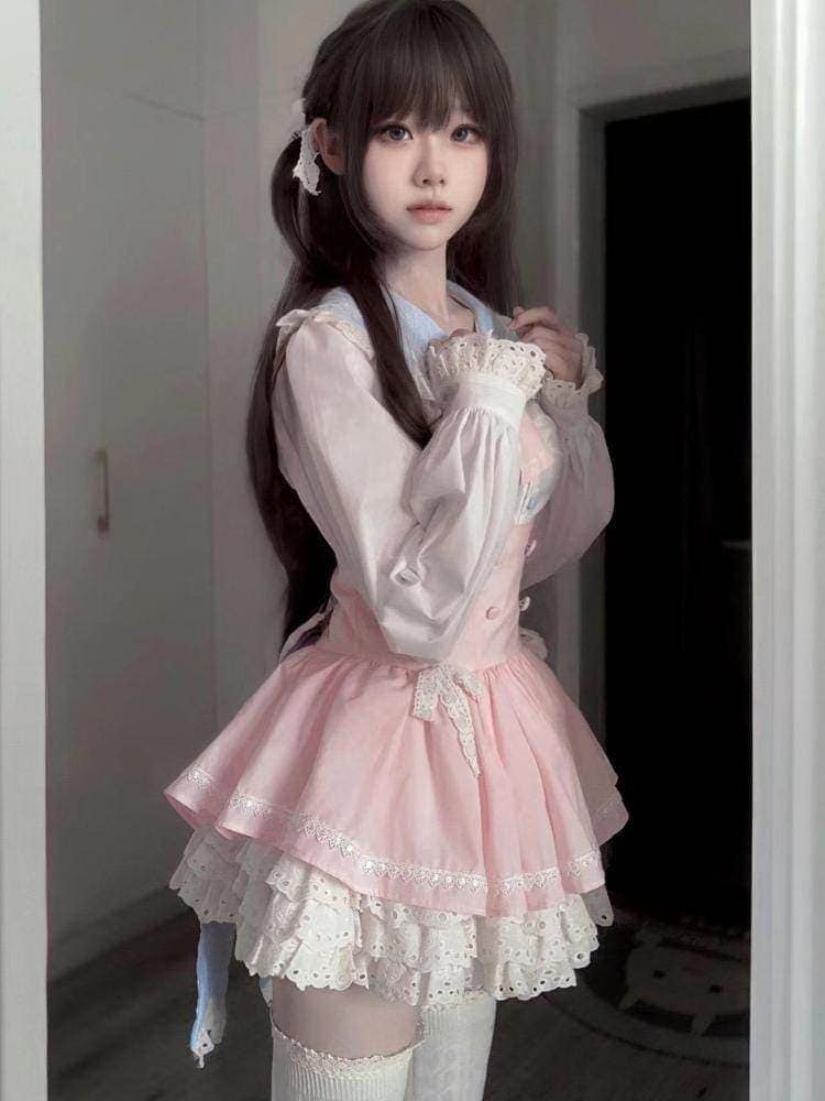 【急速出荷】ロリータ二次元メイド服ロリータコスプレ学院祭用シャツ+サロペットスカート二点セットメイド服韓国ファッション