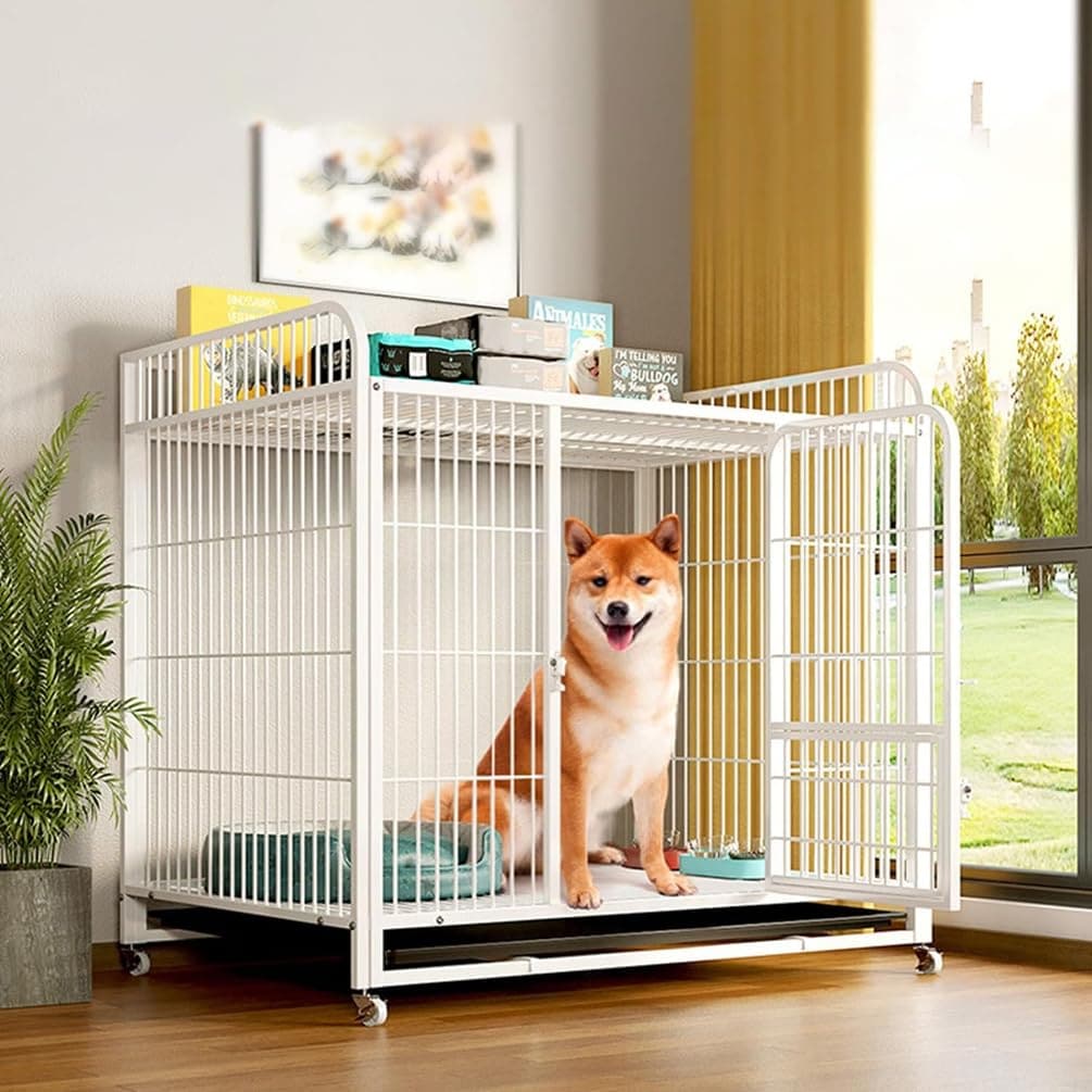 犬 ゲージ 屋根付き 大型犬 ゲージ 組立簡単 ペットゲージ キャスター付き 説明書付き 犬 ゲージ 犬小屋 頑丈 中型犬 犬用ケージ 引き出しトレー付き 犬のゲージ 室内外兼用 犬用 老犬 (ホワイ