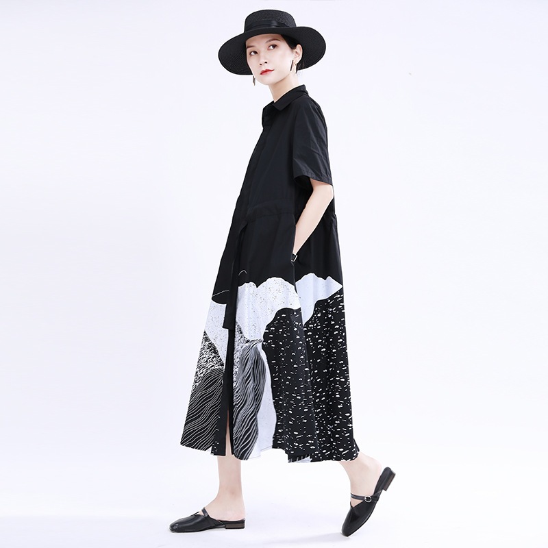 【J.Fashion】 柄ワンピース 抽象絵画 大きい裾 シャツワンピース レディース ゆる ロングワンピ 体型カバー 日焼け止め チュニック メガ割